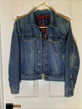 GAP Medium Blue Denim Jacket with Red Plaid Lining